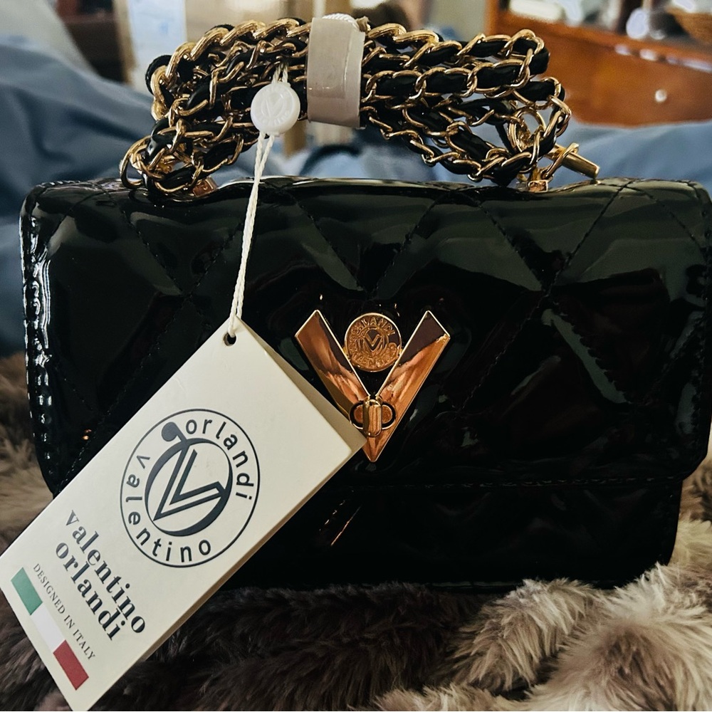 Valentino Orlandi Black Patent Quilted Crossbody with Gold Chain
